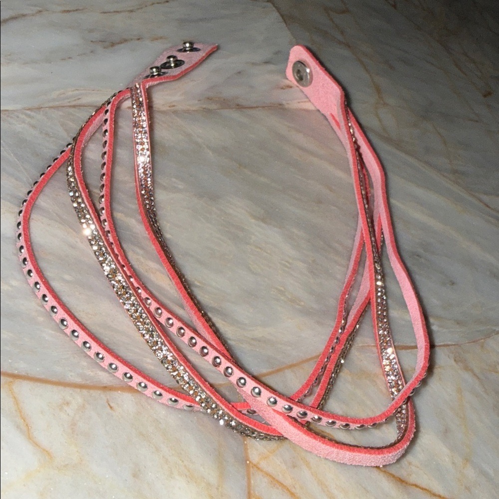 Pink Faux‎ Suede Rhinestone Studded Multi Strand Wrap Bracelet Adjustable Snap